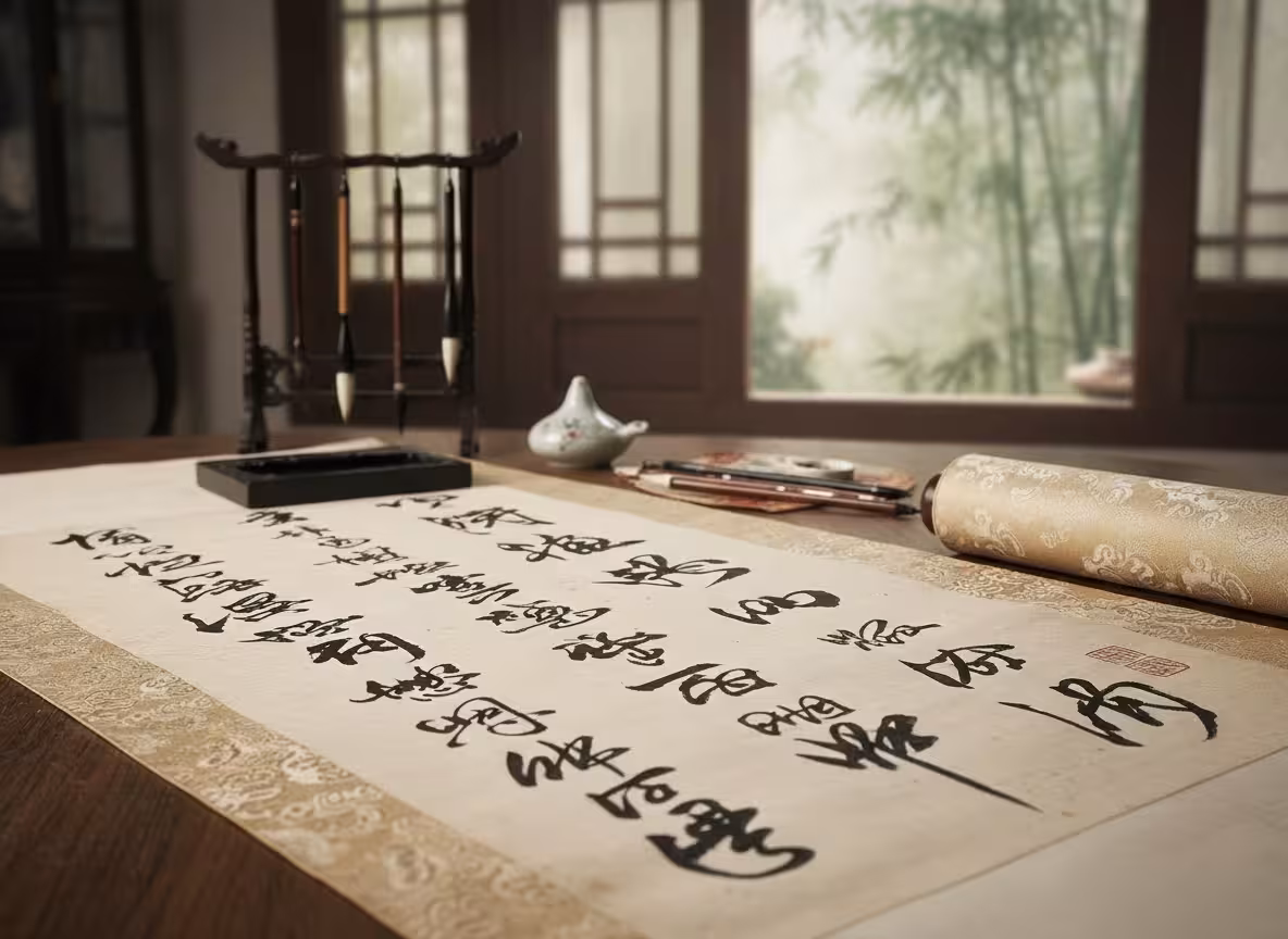 Calligraphy artwork being documented with cursive OCR.