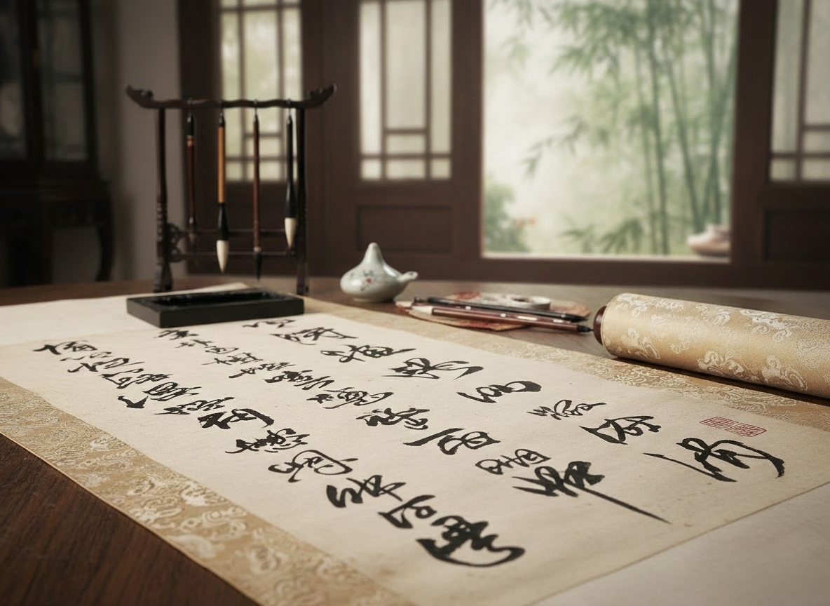 Calligraphy artwork being documented with cursive reader.