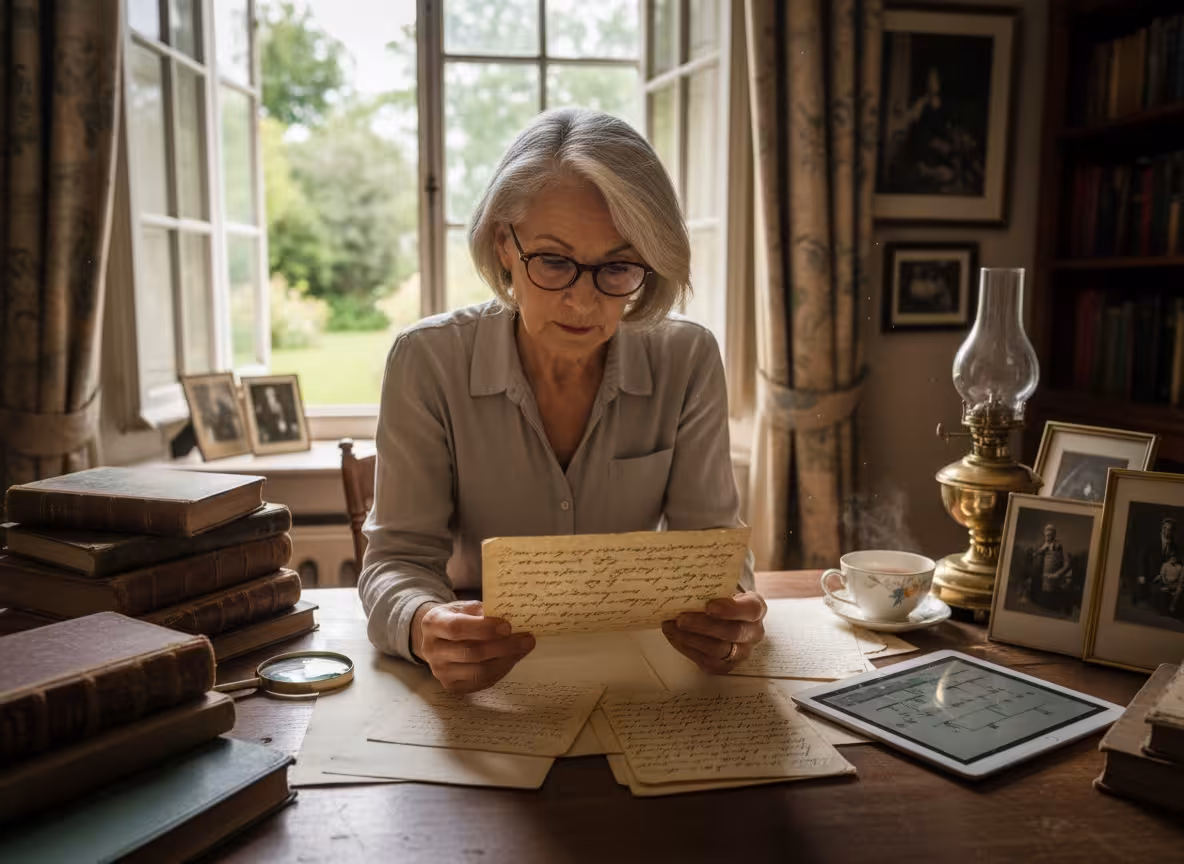 Genealogist using a cursive reader to transcribe old family documents.