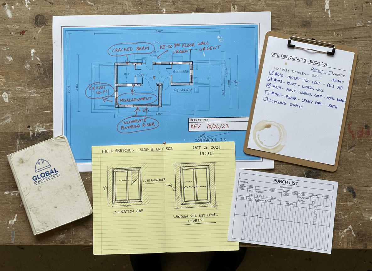 Construction inspection notes paired with a structured punch list on tablet.