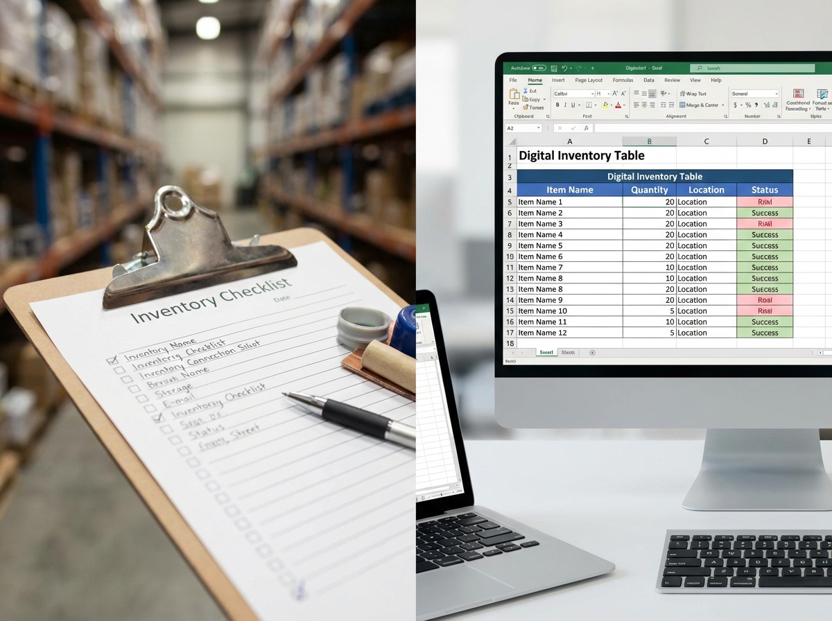 Inventory checklist photo shown beside a structured table.