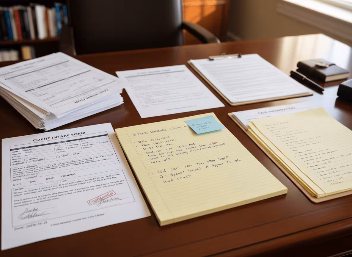 Legal intake notes transformed into a formatted case summary on a laptop.