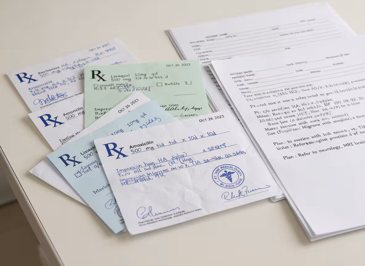 Clinician holding a handwritten prescription with a digital version on screen.