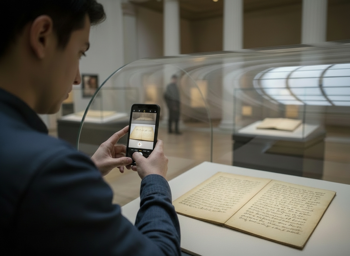 Museum visitor photographing cursive manuscript display and translating it to text.