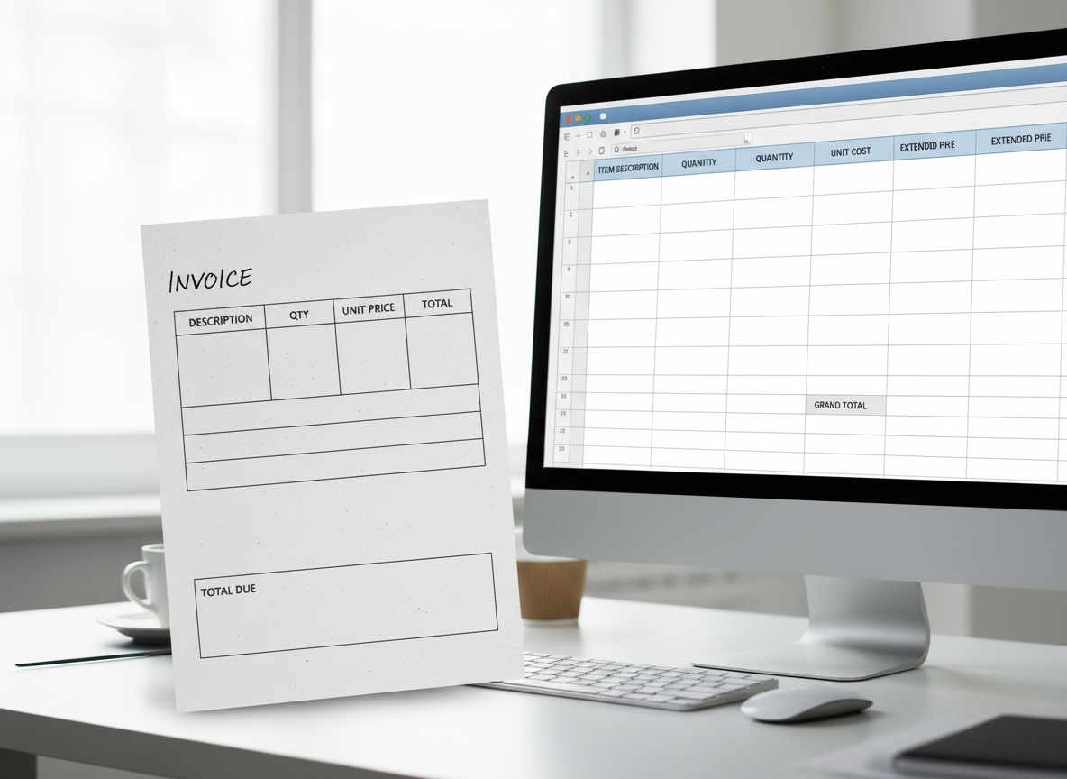 Invoice photo paired with an extracted line-item spreadsheet.