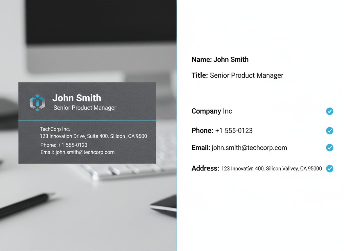 Business card photo beside extracted contact details.