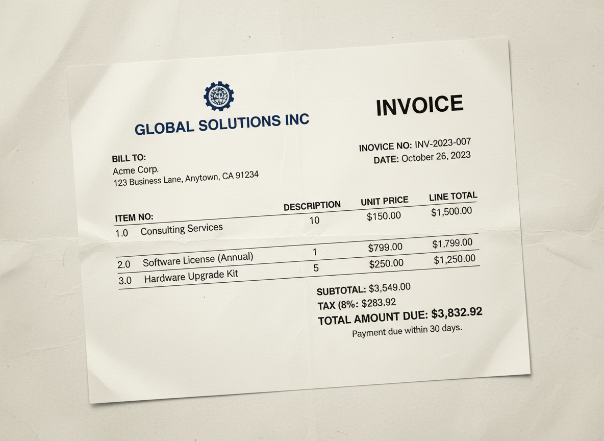 Invoice scan beside extracted itemized data.