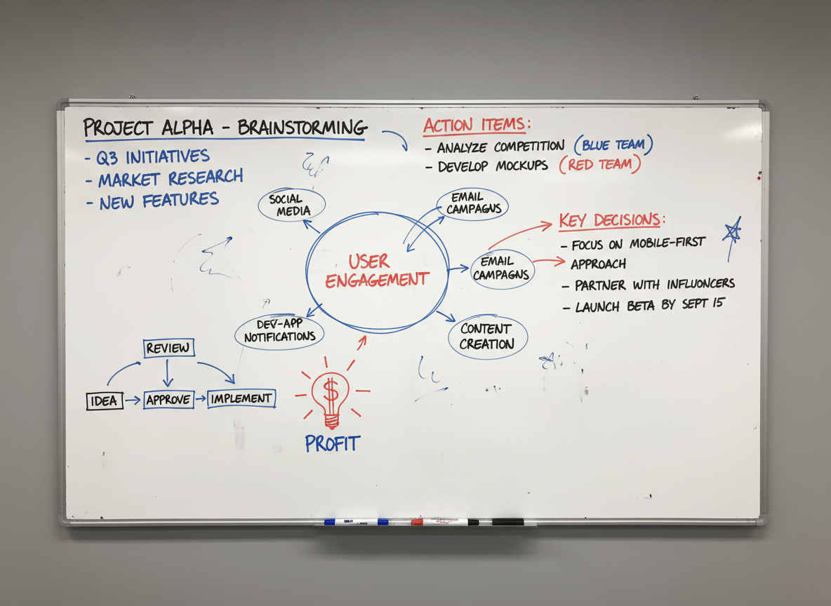 Whiteboard photo paired with extracted meeting notes.